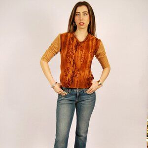 80s Boho Top (S) small brown vintage womens hippie western half sleeve indie